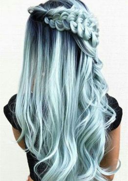 Waterfall braids long hair with green hair color