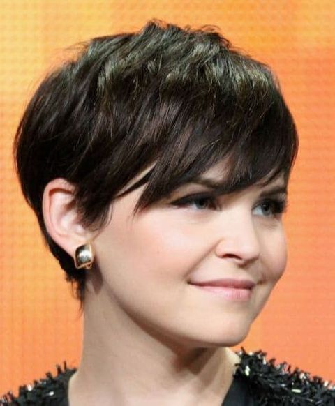 Layered short hair with bangs for round face