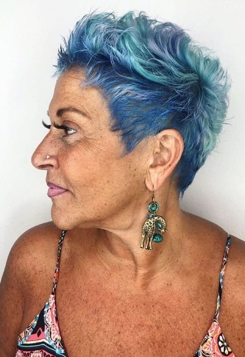 Blue short pixie cut over 50
