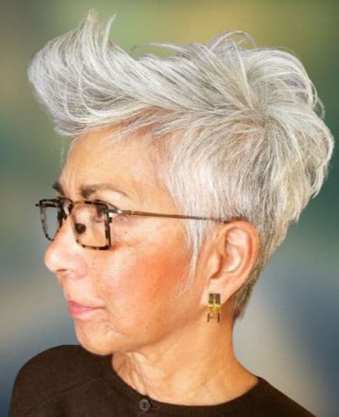 Grey hair short hair with glasses over 60